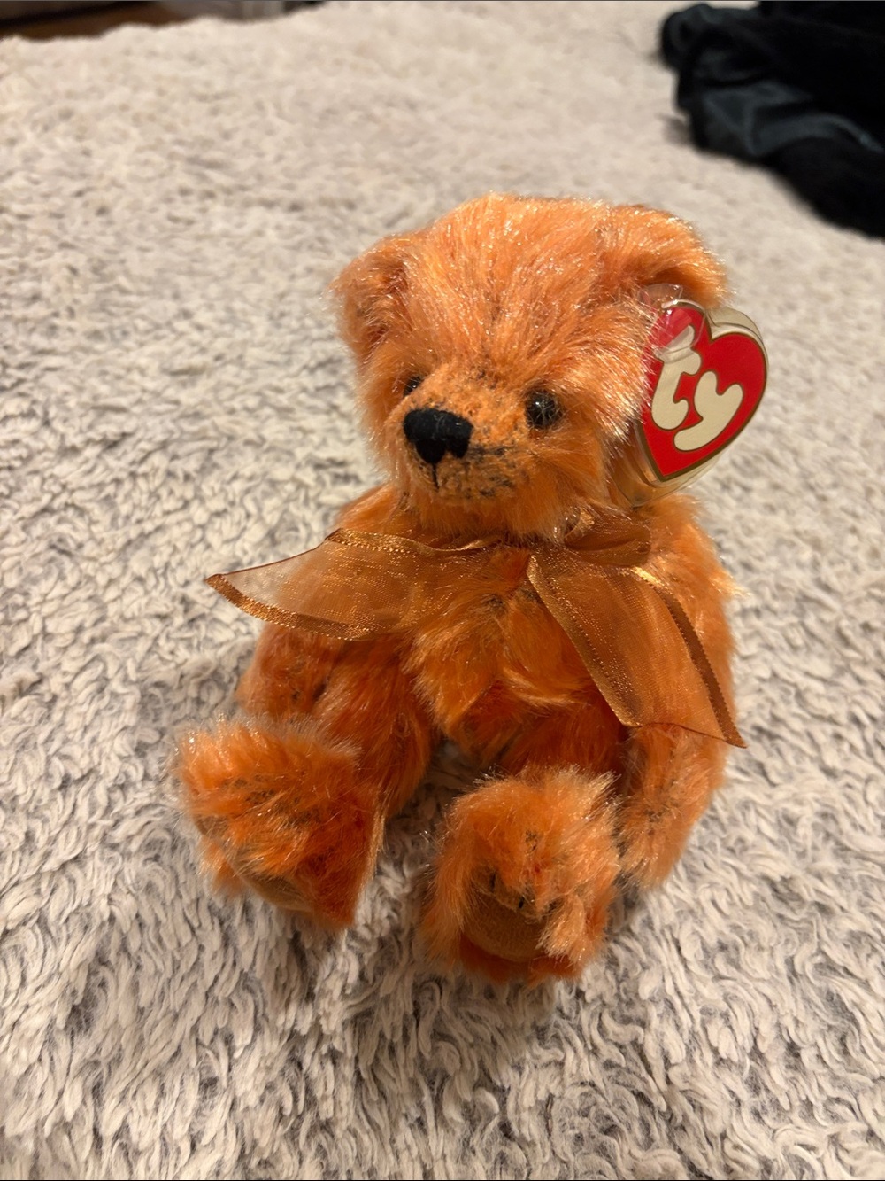Ty Clay Orange Plush Bear with Sheer Ribbon Bow
